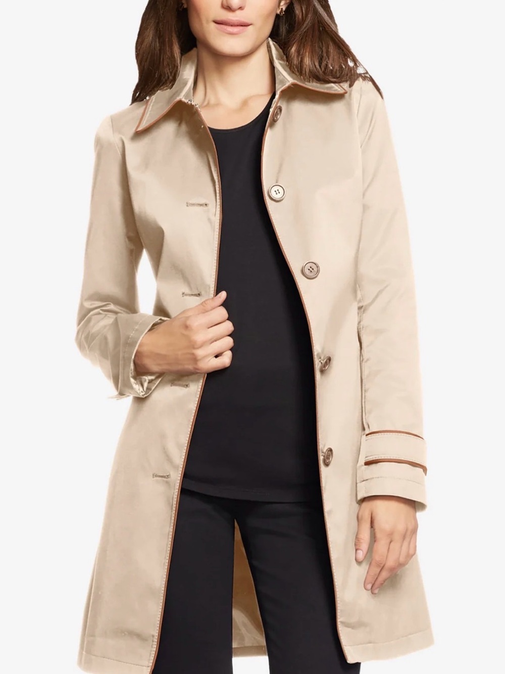 LAUREN RALPH LAUREN Tan/beige Faux Leather Trim Trench Coat